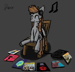 Size: 765x729 | Tagged: safe, artist:dowi, derpibooru import, oc, oc:devin, unofficial characters only, bat pony, pony, 2112, album, album cover, bipedal, chair, classic rock, country music, cute, cute little fangs, desolation boulevard, eyes closed, fangs, fragile, full moon fever, glam rock, gray background, gunfighter ballads and trail songs, headphones, houses of the holy, image, led zeppelin, listening to music, male, marty robbins, meddle, music, music notes, pink floyd, png, record, record player, rush, simple background, sitting, solo, stallion, sweet, tom petty, vinyl, yes, yes (band)