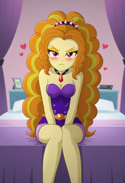 Size: 832x1216 | Tagged: safe, ai content, derpibooru import, machine learning generated, prompter:nwth, adagio dazzle, human, equestria girls, g4, angry, bed, bedroom, belt, blushing, breasts, embarrassed, heart, image, indoors, jewelry, jpeg, looking at you, necklace, solo, spikes, strapless