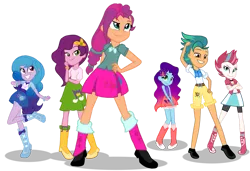 Size: 1081x739 | Tagged: safe, derpibooru import, hitch trailblazer, izzy moonbow, pipp petals, sunny starscout, zipp storm, human, equestria girls, g4, g5, applejack (g5), belt, boots, clothes, clothes swap, cowboy boots, cowboy hat, dude looks like a lady, equestria girls-ified, fluttershy (g5), g5 to equestria girls, g5 to g4, generation leap, hat, high heel boots, image, jacket, mane five, mane six (g5), misty brightdawn, pinkie pie (g5), png, polka dot socks, rainbow dash (g5), rarity (g5), shirt, shoes, simple background, skirt, socks, transparent background, twilight sparkle (g5), vest