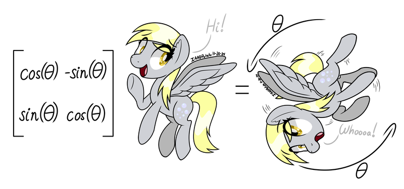 Size: 3200x1500 | Tagged: safe, artist:notadeliciouspotato, derpibooru import, derpy hooves, pegasus, pony, g4, derpibooru exclusive, female, image, mare, open mouth, open smile, png, rotation, rotation matrix, self paradox, self ponidox, signature, simple background, smiling, solo, speech bubble, spread wings, white background, wings