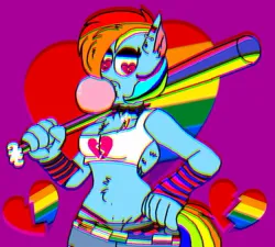 Size: 846x761 | Tagged: suggestive, artist:xxduncandonutxx, derpibooru import, rainbow dash, anthro, bat, pegasus, pony, belly, belly button, belly fluff, breasts, bubblegum, busty rainbow dash, choker, clothes, food, gum, heart, heart eyes, image, jeans, jpeg, pants, rainbow, redesign, scenecore, tanktop, wingding eyes