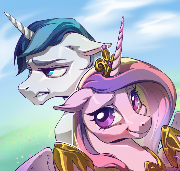 Size: 5834x5554 | Tagged: safe, artist:baban illustration, artist:lummh, derpibooru import, princess cadance, shining armor, alicorn, pony, unicorn, comic:the princess of love, absurd resolution, bust, duo, duo male and female, female, floppy ears, frown, horn, image, looking at you, male, mare, png, ship:shiningcadance, shipping, smiling, smiling at you, stallion, straight