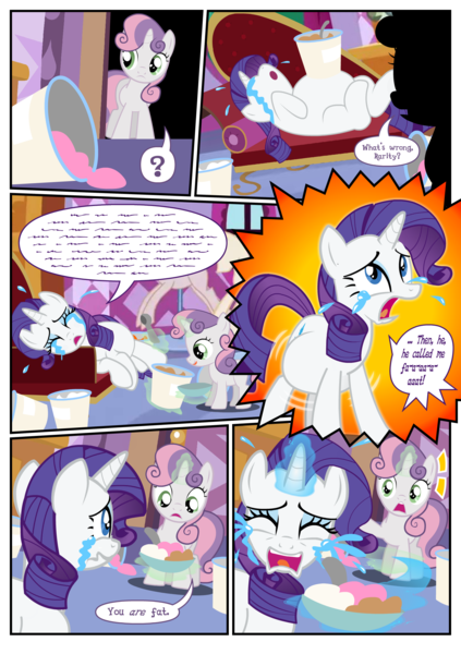 Size: 1600x2270 | Tagged: safe, artist:flash equestria photography, derpibooru import, rarity, sweetie belle, unicorn, fanfic:short stories with pregnant ponies, g4, belle sisters, belly, blatant lies, comic, commission, crying, fainting couch, female, food, horn, ice cream, image, insult, lying down, marshmelodrama, on back, png, preggity, pregnant, rarity being rarity, sensibly-proportioned pregnancy, siblings, side, sisters, standing, story included, text, wall of text