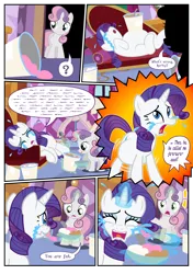 Size: 1600x2270 | Tagged: safe, artist:flash equestria photography, derpibooru import, rarity, sweetie belle, unicorn, fanfic:short stories with pregnant ponies, g4, belle sisters, belly, blatant lies, comic, commission, crying, fainting couch, female, food, horn, ice cream, image, insult, lying down, marshmelodrama, on back, png, preggity, pregnant, rarity being rarity, sensibly-proportioned pregnancy, siblings, side, sisters, standing, story included, text, wall of text