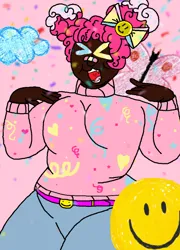 Size: 538x747 | Tagged: safe, artist:xxduncandonutxx, derpibooru import, pinkie pie, human, alternate design, alternate hairstyle, breasts, busty pinkie pie, chubby, dark skin, humanized, image, plus sized, png, redesign