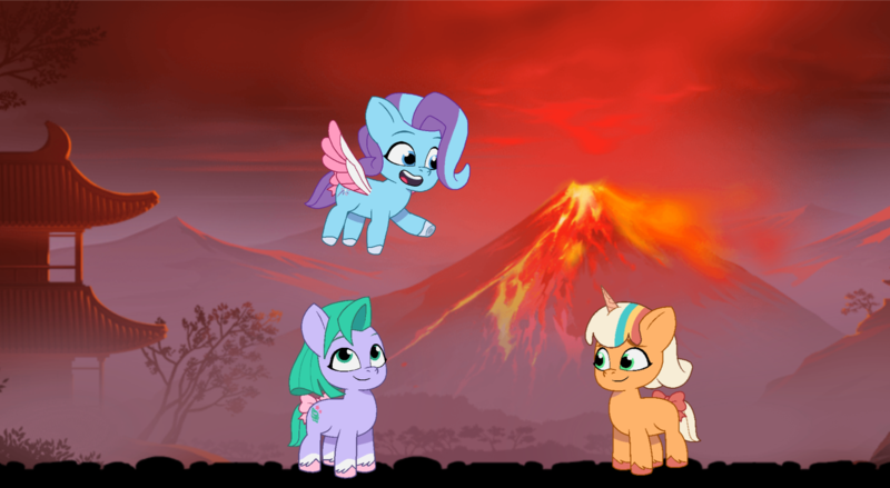 Size: 1850x1016 | Tagged: safe, artist:caseyben887, derpibooru import, earth pony, pegasus, pony, unicorn, g5, bow, coat markings, female, filly, flying, foal, glory (g5), grin, hill, horn, house, image, implied violette rainbow, lava, mare, open mouth, outdoors, peach fizz, pippsqueak trio, pippsqueaks, png, seashell (g5), shadow fight 2, sky, smiling, socks (coat marking), spread wings, tail, tail bow, volcano, wings