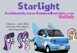 Size: 1048x720 | Tagged: safe, artist:zoeyhorse, derpibooru import, fluttershy, rainbow dash, starlight glimmer, twilight sparkle, twilight sparkle (alicorn), alicorn, pegasus, pony, unicorn, g4, blush sticker, blushing, bust, car, carified, dialogue, female, gray background, horn, image, implied flutterdash, implied lesbian, implied shipping, inanimate tf, mare, png, simple background, text, transformation