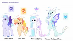 Size: 2048x1144 | Tagged: safe, artist:aztrial, derpibooru import, oc, oc:heat wave, oc:princess mystique winters, oc:princess spring, oc:storm surge, unofficial characters only, dragon, pegasus, pony, g5, butterfly wings, colored wings, dragon oc, dragoness, female, freckles, gradient wings, image, jpeg, mare, non-pony oc, simple background, white background, wings