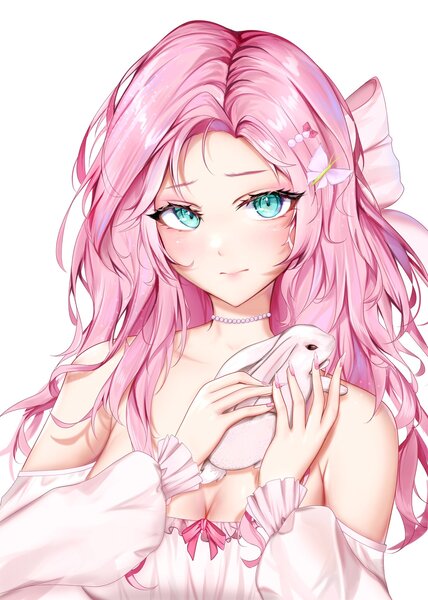 Size: 1462x2048 | Tagged: safe, artist:umede, derpibooru import, fluttershy, human, rabbit, g4, animal, female, humanized, image, jpeg, simple background, white background