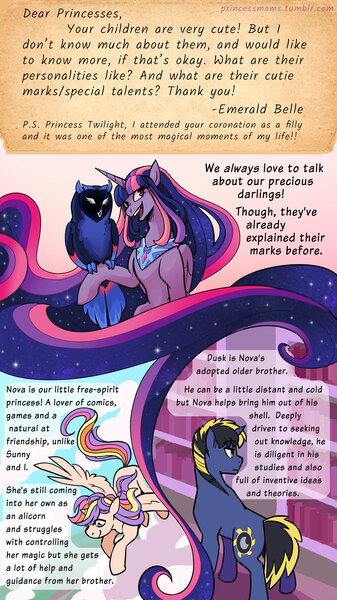 Size: 2166x3860 | Tagged: safe, artist:overlordneon, derpibooru import, owlowiscious, twilight sparkle, twilight sparkle (alicorn), oc, oc:dusk eclipse, oc:nova dawn, alicorn, bird, original species, owl, pony, unicorn, g4, adoptable, ask, dialogue, ethereal mane, female, high res, horn, image, impossibly long hair, jpeg, long hair, magical lesbian spawn, male, mare, nebula owl, offspring, older, older twilight, open mouth, open smile, parent:sunset shimmer, parent:twilight sparkle, parents:sunsetsparkle, smiling, species swap, stallion, starry mane, tumblr, ultimate twilight, very long hair