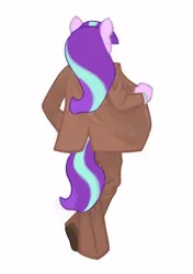 Size: 702x1000 | Tagged: safe, artist:partyponypower, derpibooru import, starlight glimmer, anthro, plantigrade anthro, pony, unicorn, g4, alternate universe, clothes, colored, colored lineart, female, flat colors, formal wear, holding, horn, image, jacket, jpeg, long mane, mare, pants, pink coat, rear view, s5 starlight, shoes, simple background, solo, standing, three toned mane, three toned tail, white background