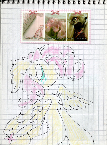 Size: 1668x2271 | Tagged: safe, artist:larvaecandy, derpibooru import, fluttershy, cat, pegasus, pony, g4, big eyes, chest fluff, collage, curly eyelashes, ear fluff, eyelashes, female, floppy ears, flower, flower in hair, graph paper, grid paper, image, irl, jpeg, leg fluff, long ears, long mane, mare, mixed media, no mouth, one wing out, photo, profile, raised hoof, solo, stamp, teal eyes, traditional art, wingding eyes, wings, yellow coat