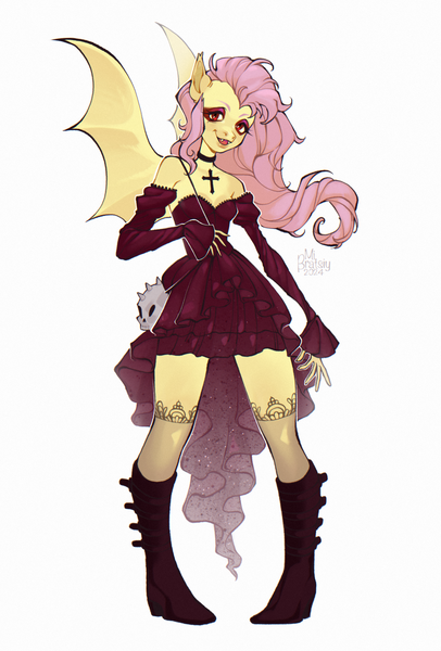 Size: 1506x2225 | Tagged: safe, artist:mibratsiy, derpibooru import, fluttershy, anthro, bat pony, bat ponified, boots, clothes, detached sleeves, dress, female, flutterbat, gothic, image, looking at you, png, race swap, shoes, shoulderless, simple background, smiling, solo, white background