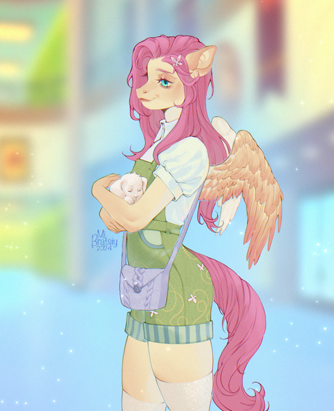 Size: 1667x2048 | Tagged: safe, artist:mibratsiy, derpibooru import, angel bunny, fluttershy, anthro, pegasus, rabbit, g4, animal, clothes, female, holding, image, overalls, png, purse, smiling, smirk, solo