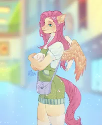 Size: 1667x2048 | Tagged: safe, artist:mibratsiy, derpibooru import, angel bunny, fluttershy, anthro, pegasus, rabbit, g4, animal, clothes, female, holding, image, overalls, png, purse, smiling, smirk, solo