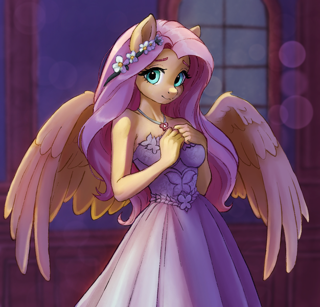 Size: 1961x1879 | Tagged: safe, artist:xilene, derpibooru import, fluttershy, anthro, pegasus, clothes, dress, female, flower, flower in hair, image, jewelry, looking at you, necklace, png, shy, solo, white dress