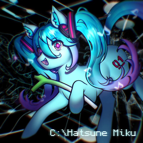 Size: 1920x1920 | Tagged: safe, artist:mrsklll, derpibooru import, kotobukiya, ponified, earth pony, pony, female, hatsune miku, hoof hold, image, kotobukiya hatsune miku pony, leek, looking at you, open mouth, open smile, png, smiling, solo, vocaloid