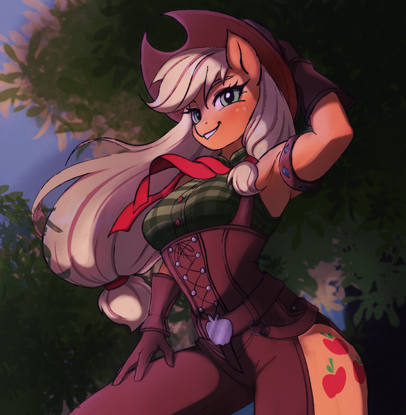 Size: 1897x1942 | Tagged: safe, artist:xilene, derpibooru import, applejack, anthro, earth pony, applejack's hat, chaps, clothes, cowboy hat, female, gloves, grin, hat, image, leather gloves, low angle, overalls, png, smiling, solo