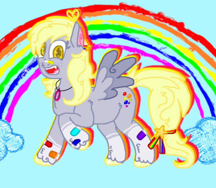 Size: 780x679 | Tagged: safe, artist:xxduncandonutxx, derpibooru import, derpy hooves, pegasus, pony, g4, alternate design, alternate hairstyle, bandaid, bandaid on nose, image, jpeg, kidcore, rainbow, redesign