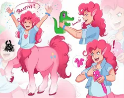 Size: 2048x1623 | Tagged: safe, artist:inkrred, derpibooru import, part of a set, gummy, pinkie pie, alligator, centaur, human, taur, g4, balloon, balloon animal, centaurified, elf ears, exclamation point, female, freckles, humanized, image, jpeg, light skin, open mouth, open smile, smiling, species swap, zoom layer