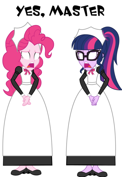 Size: 2497x3612 | Tagged: safe, artist:cartoonmasterv3, derpibooru import, pinkie pie, sci-twi, twilight sparkle, human, equestria girls, g4, blank eyes, clothes, dress, hypno pie, hypnosis, hypnotized, image, long dress, long skirt, maid, maidlight sparkle, pinkie maid, png, skirt