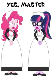 Size: 2497x3612 | Tagged: safe, artist:cartoonmasterv3, derpibooru import, pinkie pie, sci-twi, twilight sparkle, human, equestria girls, g4, blank eyes, clothes, dress, hypno pie, hypnosis, hypnotized, image, long dress, long skirt, maid, maidlight sparkle, pinkie maid, png, skirt