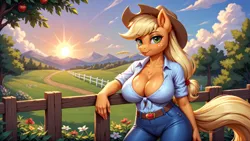 Size: 1919x1079 | Tagged: safe, ai content, machine learning generated, prompter:wanderingw0lf, applejack, anthro, earth pony, g4, breasts, clothes, female, image, jpeg, looking at you, solo, solo female