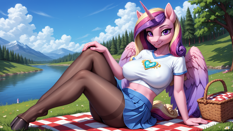 Size: 1920x1080 | Tagged: safe, ai content, machine learning generated, prompter:wanderingw0lf, princess cadance, alicorn, anthro, unguligrade anthro, g4, breasts, clothes, female, hooves, horn, image, looking at you, png, solo, solo female, wings