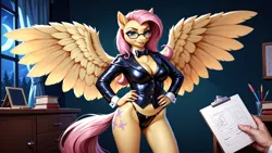 Size: 1920x1080 | Tagged: suggestive, ai content, machine learning generated, prompter:wanderingw0lf, fluttershy, anthro, pegasus, g4, breasts, clothes, female, glasses, image, latex, looking at you, panties, png, solo, solo female, underwear, wings