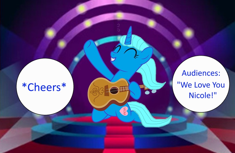 Size: 2600x1696 | Tagged: safe, artist:memeartboi, derpibooru import, ponified, pony, unicorn, g4, cheering, cute, eyes closed, female, grin, guitar, heart, horn, image, implied audience, indoors, jpeg, mare, musical instrument, nicole watterson, performance, playing guitar, show stage, smiling, solo, speech bubble, stage, stage light, text, the amazing world of gumball, unicorn horn