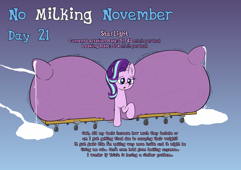 Size: 4960x3508 | Tagged: questionable, artist:wapamario63, derpibooru import, starlight glimmer, pony, unicorn, series:no milking november 2022 - starlight vs trixie, g4, big crotchboobs, breast milk, cart, crotchboobs, dialogue, female, gradient background, horn, huge crotchboobs, hyper, hyper crotchboobs, image, impossibly large crotchboobs, lactation, lactation denial, leaking, leaking milk, mare, milk, nipples, no milking november, nudity, png, simple background, slosh, solo, teats, text, throbbing, throbbing teats, tired, vein, veiny crotchboobs, walking