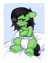 Size: 2260x2938 | Tagged: safe, artist:bloodymrr, derpibooru import, oc, oc:anonfilly, unofficial characters only, earth pony, pony, abdl, blushing, commission, crossed arms, crossed hooves, diaper, diaper fetish, embarrassed, female, fetish, filly, filly oc, foal, frown, hoof heart, image, non-baby in diaper, pillow, png, simple background, sitting, solo, tail, underhoof