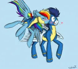 Size: 736x650 | Tagged: source needed, safe, artist:lionessfortune, derpibooru import, rainbow dash, soarin', pegasus, pony, clothes, female, image, jpeg, kiss on the cheek, kissing, male, mare, shipping, soarindash, stallion, straight, uniform, wonderbolts uniform