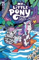 Size: 2063x3131 | Tagged: safe, artist:natacha bustos, derpibooru import, idw, official, violette rainbow, butterfly, insect, pony, unicorn, zebra, g5, comic cover, cover, cover art, duo, duo female, female, filly, foal, forest, high res, horn, image, looking at something, my little pony logo, nature, official comic, outdoors, png, skye, smiling, tree, unshorn fetlocks, water