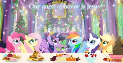 Size: 749x386 | Tagged: safe, artist:mlplary6, derpibooru import, applejack, fluttershy, pinkie pie, rainbow dash, rarity, spike, twilight sparkle, twilight sparkle (alicorn), alicorn, dragon, earth pony, pegasus, pony, unicorn, christmas, dinner, female, holiday, horn, image, jesus christ, jpeg, male, mane six, mare