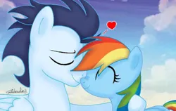 Size: 414x261 | Tagged: safe, artist:gabihessel07, derpibooru import, rainbow dash, soarin', pegasus, pony, female, hearts and hooves day, holiday, image, jpeg, male, mare, nuzzling, shipping, soarindash, stallion, straight, valentine's day