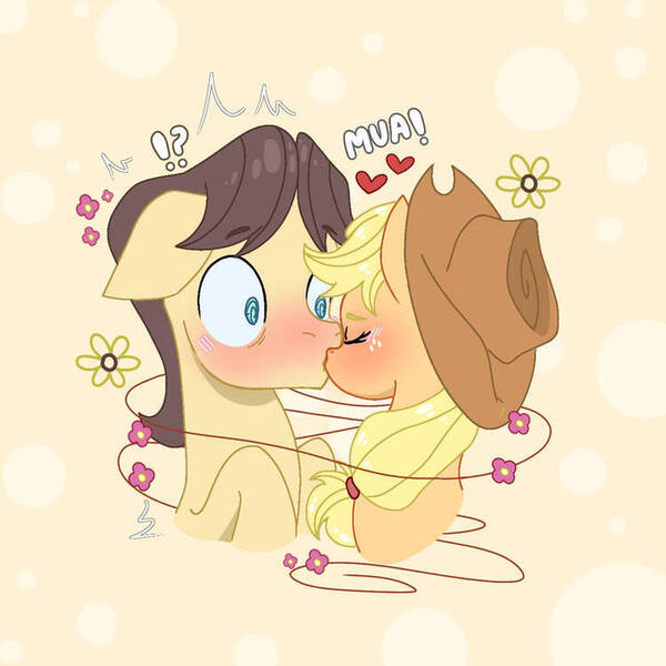 Size: 750x750 | Tagged: safe, artist:paracetamolnavo30, derpibooru import, applejack, caramel, earth pony, pony, female, image, jpeg, kiss on the lips, kissing, male, mare, ship:carajack, shipping, stallion, straight