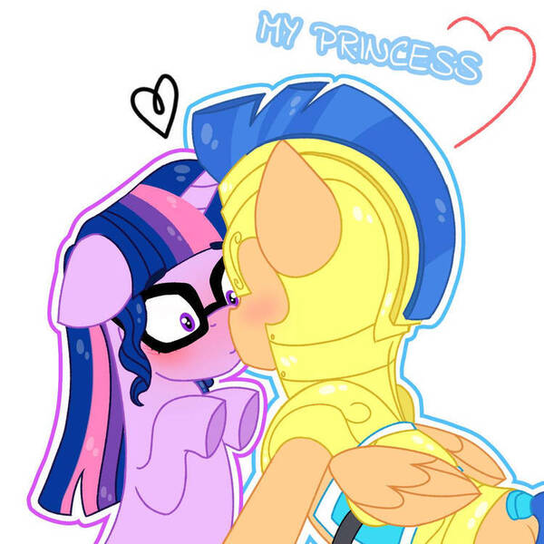 Size: 750x750 | Tagged: safe, artist:paracetamolnavo30, derpibooru import, flash sentry, sci-twi, twilight sparkle, pegasus, pony, unicorn, g4, female, flashlight, horn, image, jpeg, kiss on the lips, kissing, male, mare, shipping, stallion, straight