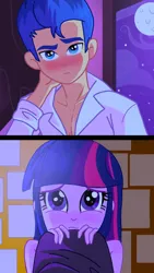 Size: 670x1192 | Tagged: safe, artist:paracetamolnavo30, derpibooru import, flash sentry, twilight sparkle, human, equestria girls, g4, comic, female, flashlight, image, jpeg, male, shipping, straight