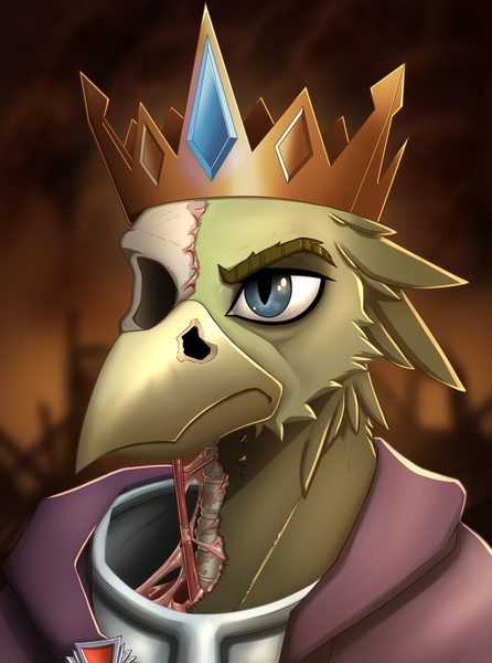 Size: 2000x2692 | Tagged: semi-grimdark, artist:twotail813, derpibooru import, oc, unofficial characters only, gryphon, undead, equestria at war mod, armor, beak, bust, crown, fanart, image, jewelry, male, png, portrait, regalia, skull, solo, solo male