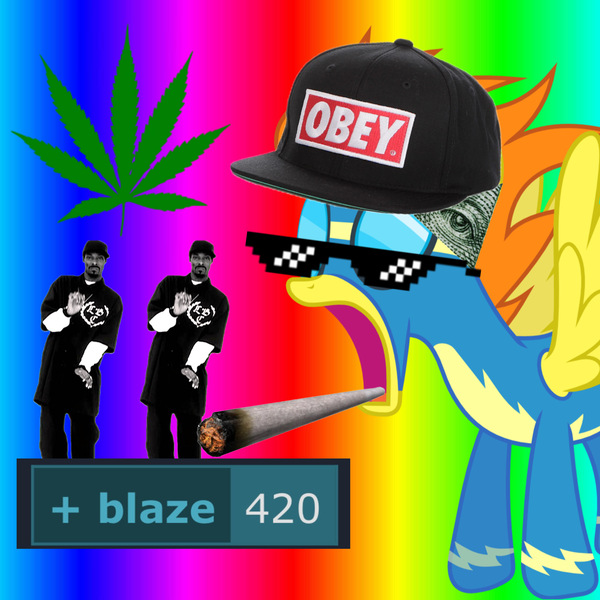 Size: 3464x3464 | Tagged: safe, anonymous editor, artist:landmark520, derpibooru import, edit, blaze, pegasus, pony, derpibooru, g4, 1000 hours in picsart, 420, 420 blaze it, blunt, cropped, drugs, illuminati, image, jpeg, marijuana, meta, mlg, obey, open mouth, rainbow background, snapback, snoop dogg, sunglasses, swag glasses