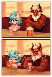 Size: 2372x3524 | Tagged: safe, artist:polnocnykot, derpibooru import, cozy glow, lord tirek, centaur, minotaur, pegasus, pony, taur, g4, 2 panel comic, alcohol, beard, beer, beer mug, blushing, bow, cafe, cheek fluff, cherry, chest fluff, comic, couch, cozybetes, crossed arms, cute, dessert, detailed, drink, drinking, duo, duo male and female, ear fluff, ears up, eating, eyes closed, facial hair, female, filly, floppy ears, foal, folded wings, food, freckles, frown, hair bow, happy, hooves, horns, ice cream, image, jpeg, male, meme, muscles, muscular male, nose piercing, nose ring, piercing, pleasure, redraw, shoulder fluff, shoulder freckles, sitting, smiling, spoon, spread wings, table, teeth, wings