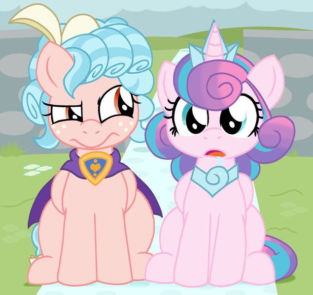 Size: 3024x2858 | Tagged: safe, artist:chaosimp2006, derpibooru import, cozy glow, princess flurry heart, alicorn, pegasus, g4, a better ending for cozy, background, cape, clothes, cozybetes, crown, cute, drool, duo, eyebrows, flurrybetes, image, jewelry, looking at someone, older, older flurry heart, png, raised eyebrow, regalia