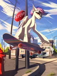 Size: 2994x4000 | Tagged: safe, artist:chamommile, derpibooru import, oc, unofficial characters only, pegasus, pony, cloud, commission, full body, image, light skin, looking at you, nature, pegasus oc, png, skateboard, skateboarding, sky, smiling, smiling at you, street, wings, yellow eyes