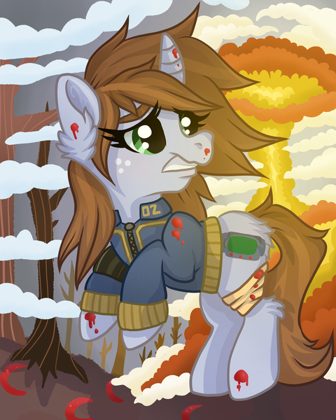 Size: 2400x3000 | Tagged: semi-grimdark, artist:annuthecatgirl, derpibooru import, oc, oc:littlepip, pegasus, pony, unicorn, fallout equestria, atomic bomb, blood, concerned, fanfic art, horn, image, nuclear weapon, png, rearing, scared, solo, weapon