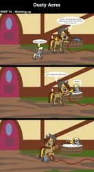 Size: 1920x3516 | Tagged: safe, artist:platinumdrop, derpibooru import, derpy hooves, oc, oc:dusty hooves, pony, comic:dusty acres, series:technoverse, g4, commission, female, filly, foal, happy, image, png, toy, younger