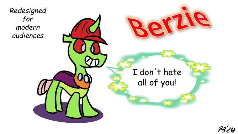 Size: 1200x675 | Tagged: safe, artist:pony-berserker, derpibooru import, oc, oc:berzie, changedling, changeling, g4, calarts, changedling oc, changeling oc, flower, image, jpeg, meme reference, pony-berserker's twitter sketches, pony-berserker's twitter sketches (2024), redesign, word art