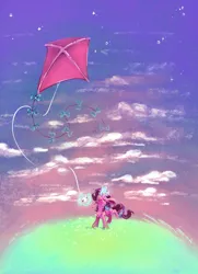 Size: 2958x4096 | Tagged: safe, artist:cutepencilcase, derpibooru import, starlight glimmer, pony, unicorn, g4, chest fluff, cloud, eyes closed, happy, heart, horn, image, jpeg, kite, magic, magic aura, sky, smiling, solo, telekinesis, that pony sure does love kites