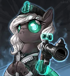 Size: 2427x2649 | Tagged: safe, artist:uteuk, derpibooru import, oc, oc:kitu elder, unofficial characters only, changeling, changeling queen, equestria at war mod, clothes, coat, fangs, female, gray coat, gun, horn, image, looking at camera, magic, military, military pony, military uniform, png, simple background, solo, solo female, teal eyes, trident, uniform, uniform hat, weapon, white mane, wings