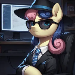 Size: 1536x1536 | Tagged: safe, ai content, derpibooru import, generator:bluefox mix, machine learning generated, stable diffusion, bon bon, sweetie drops, earth pony, pony, g4, black suit, chair, clothes, collared shirt, ear fluff, fedora, female, frown, hat, image, indoors, looking sideways, mare, monitor, necktie, office chair, png, prompter:tyto4tme4l, secret agent, secret agent sweetie drops, shirt, solo, suit, sunglasses, upper body